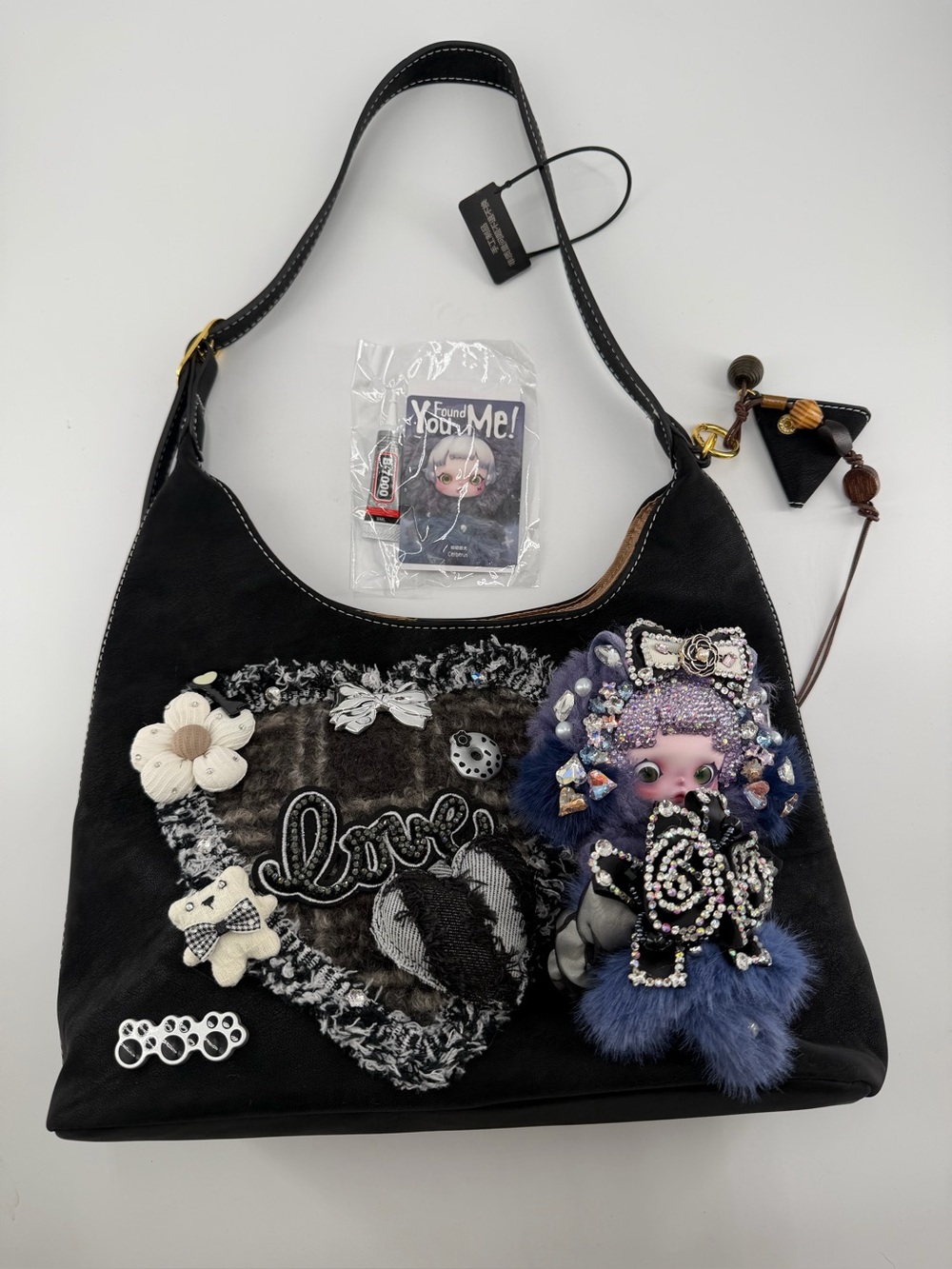 Skullpanda Cerberus in a Black Embellished Heart & Doll Shoulder Bag